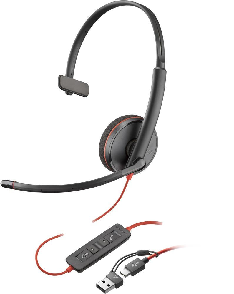 Auriculares poly blackwire 3210 monaural usb - c + adaptador usb - c - a (bulk)